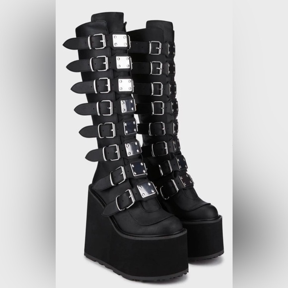 Demonia Trinity Black Platform Boots with Silver Buckles - Picture 3 of 10